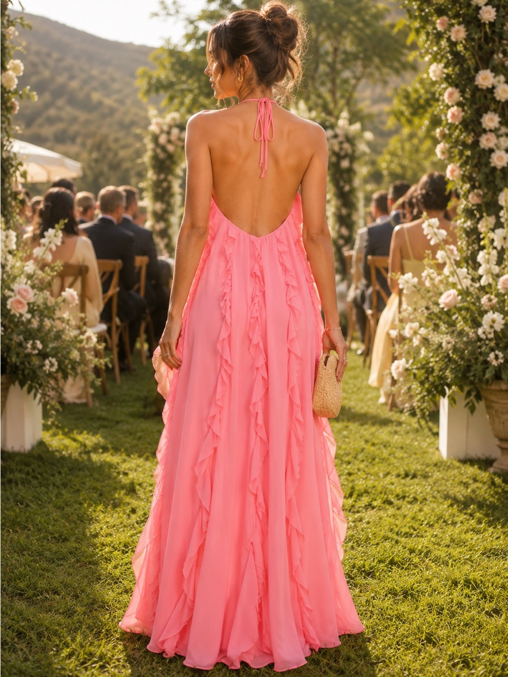 NWT STAUD Marike Coral Pink Ruffle Halter Maxi Dress Wedding Guest Dress Size 4 - Picture 2 of 8
